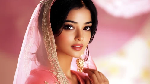 Digital bridal portrait in pink veil with soft bokeh glow.