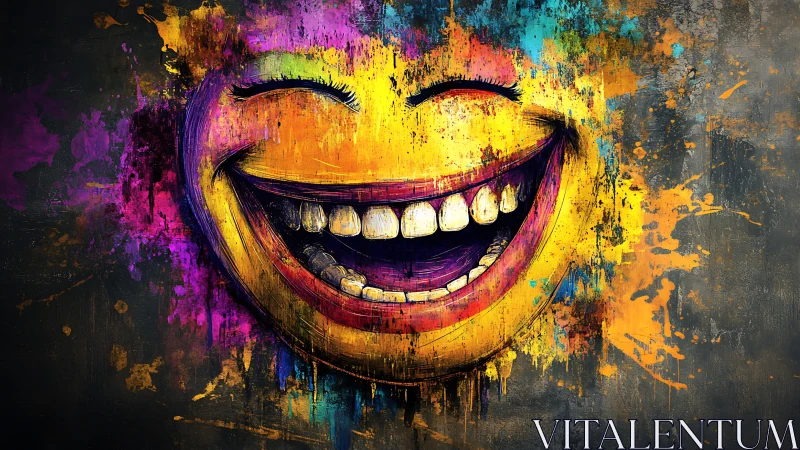 Laughing neon smiley erupts through wild urban paint storms