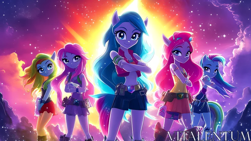 Chromatic pony heroines under cosmic flare illumination.