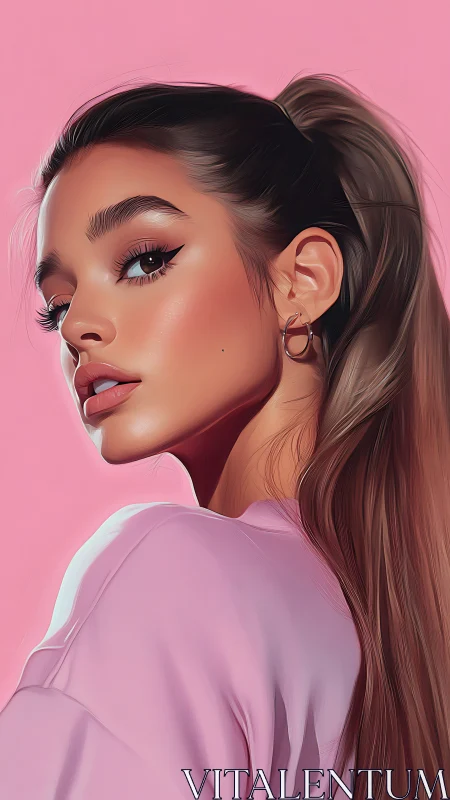 High-gloss portrait of stylish woman against pink backdrop.
