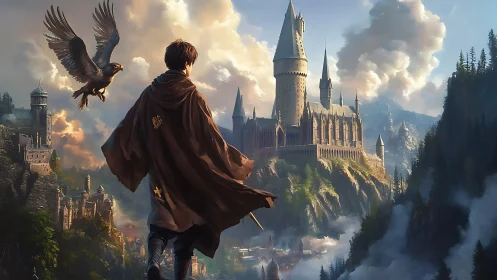 Young wizard overlooking grand cliffside fantasy castle.