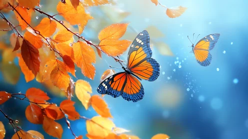 Gentle butterflies dancing through glowing autumn leaves.