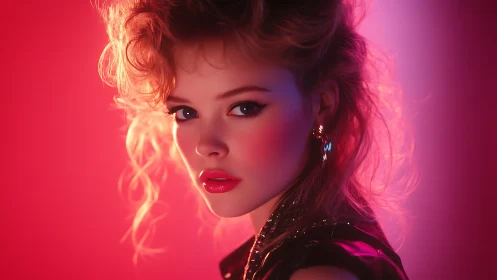 Neon-lit retro portrait renders glossy 80s-inspired beauty