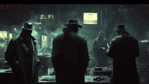 Shadowy trench-coated figures convene in neon-soaked rain.