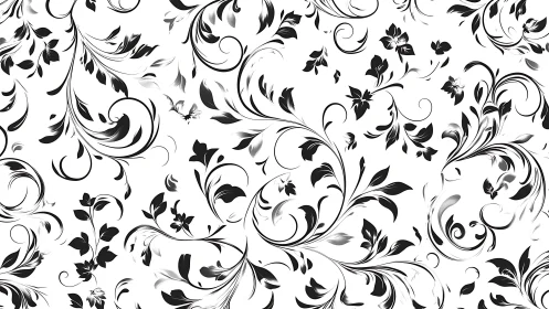 Elegant black floral swirls form seamless decorative pattern.