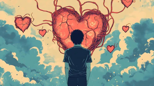 Silhouetted figure facing large anatomical heart in sky.