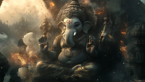 Majestic Ganesha idol amid cinematic smoke and embers.