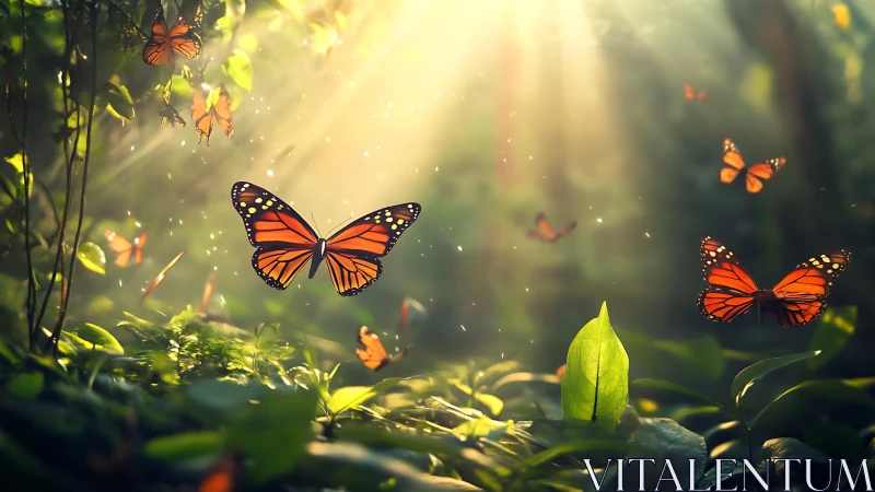 Monarch butterflies move through backlit forest undergrowth