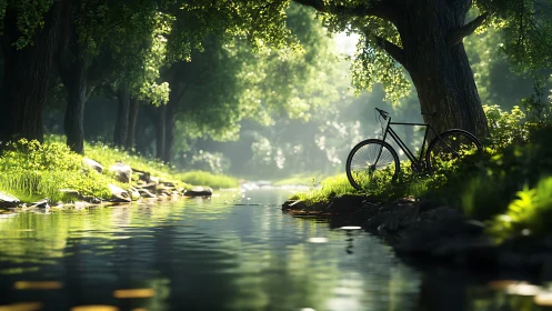 Bicycle rests by flowing stream beneath cathedral-arched trees.