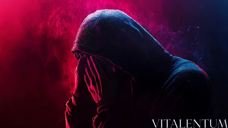 Hooded figure covering face in moody red blue lighting.