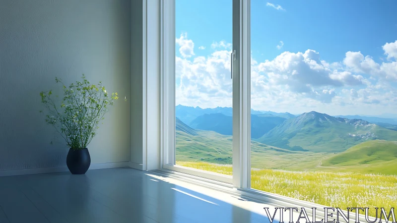 Minimalist interior with panoramic alpine window vista.