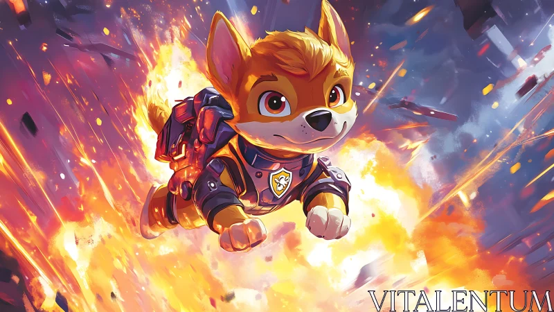 Armored cartoon dog flying through explosive fiery scene.