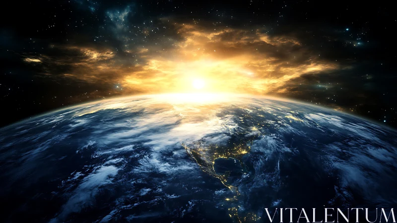 Earth horizon in space with illuminated atmosphere at dawn.