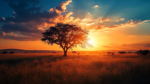 Solitary savanna tree under vivid cinematic sunset glow.