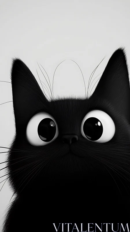 Close-up 3D render of glossy-eyed black cartoon kitten portrait