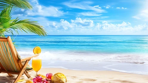 Sunlit tropical shoreline with a cozy chair and cool drink.