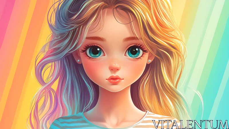 Rainbow-lit anime girl portrait with luminous teal eyes.