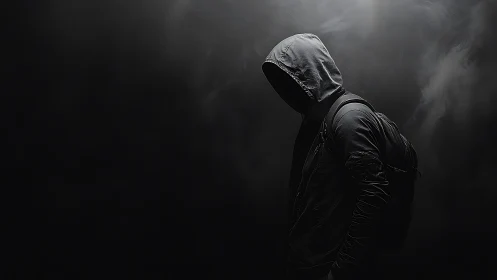 Hooded figure in low key shadowed foggy background.