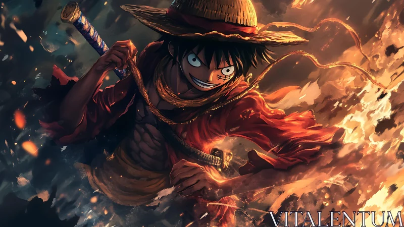 Straw-hatted figure advances through fire with dynamic motion