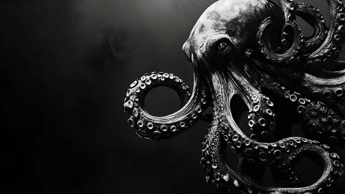 Octopus occupies right frame against dark textured background