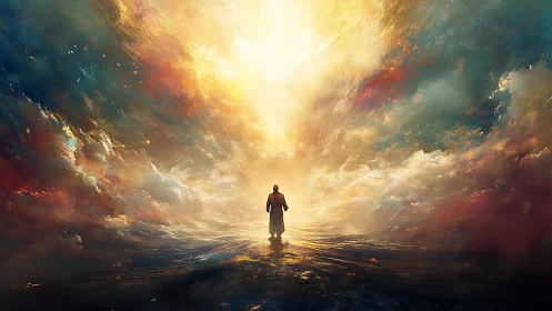 Solitary figure under expansive luminous sky in clouds.