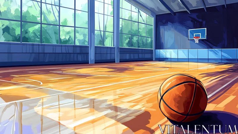 Sunlit indoor court renders solitary basketball with vivid reflections