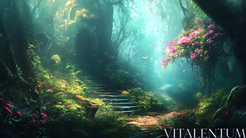 Ancient stone pathway through illuminated forest with flowering vegetation