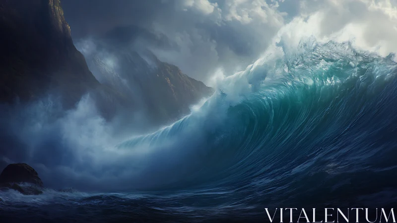 Storm surge wave crashes against dark coastal cliffs.