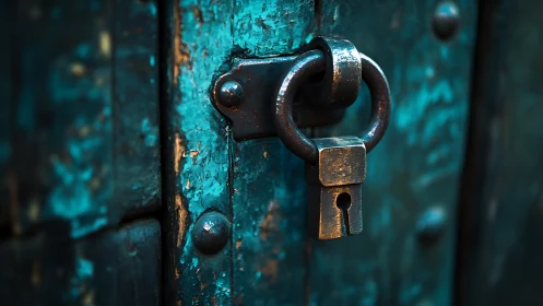 Rusty padlock hangs on distressed turquoise wooden door