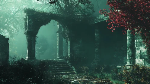 Overgrown stone colonnade in misty forest environment.