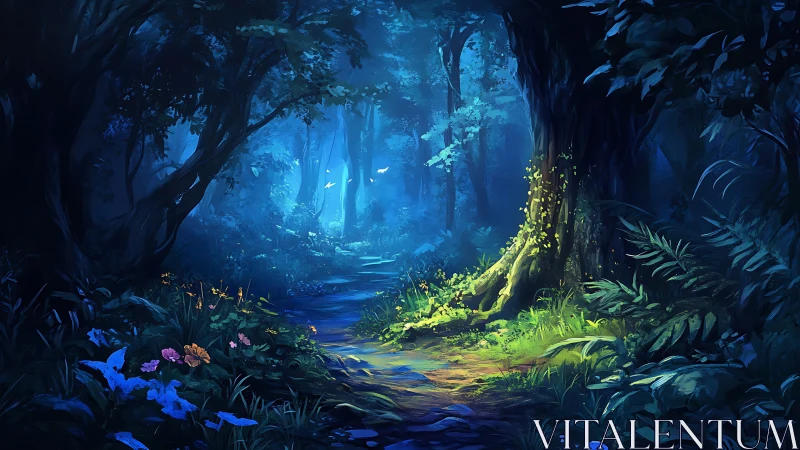 Bioluminescent Forest Cavern with Layered Luminosity and Atmospheric Depth