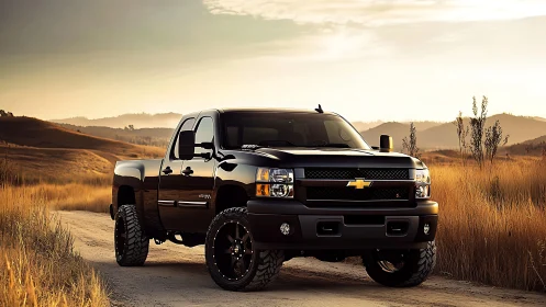 Black Chevrolet pickup truck on rural dirt road at dusk.