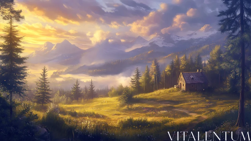Sunlit mountain meadow with solitary forest cabin at dusk.