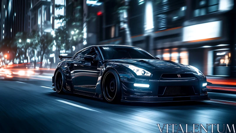 Black sports coupe on illuminated urban street at night.