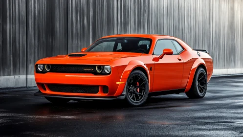 Orange modern muscle car parked on wet asphalt at dusk