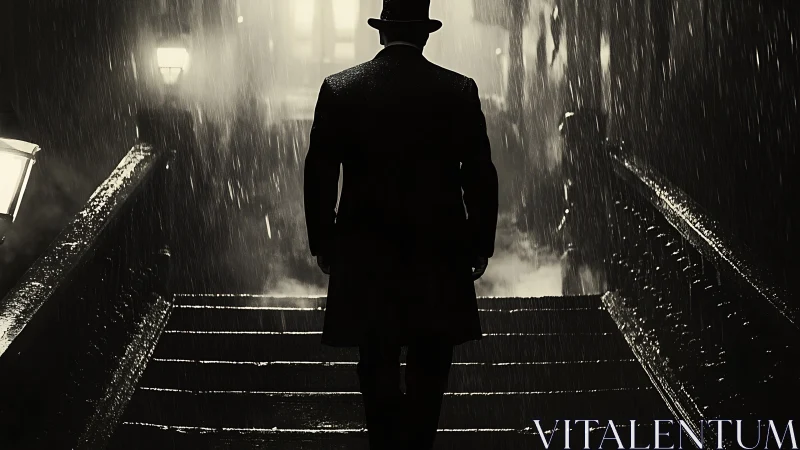 Man in coat on wet city stairs at night in rain.