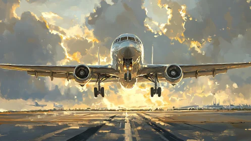 Runway thunderbird rises through brushstroked sunrise clouds