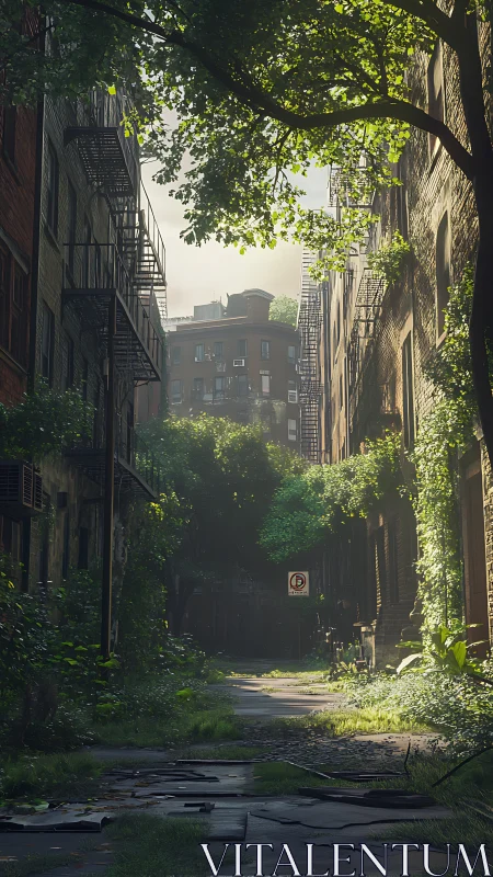 Overgrown urban alleyway renders post-human city quiet