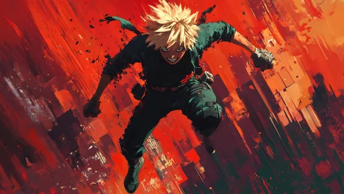 Explosive anime warrior dives through abstract red storm.