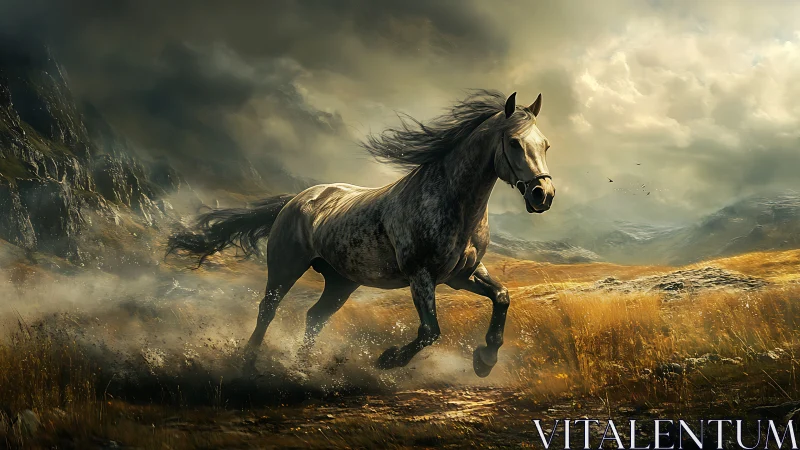 Wild grey horse gallops through misty golden highlands