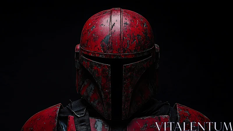 Red sci‑fi armored helmet portrait on dark background.