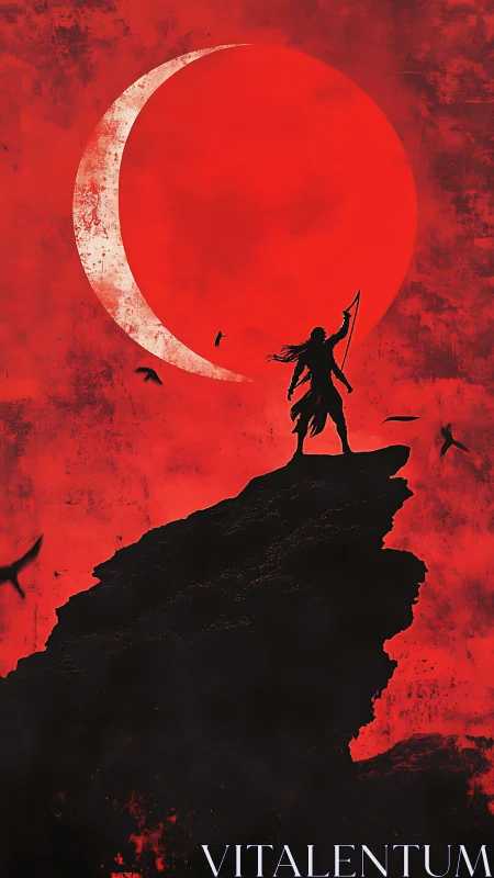 Silhouette archer on cliff beneath large red eclipsed moon.