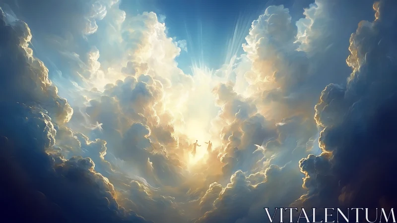 Backlit celestial clouds sculpt luminous ascendant figures