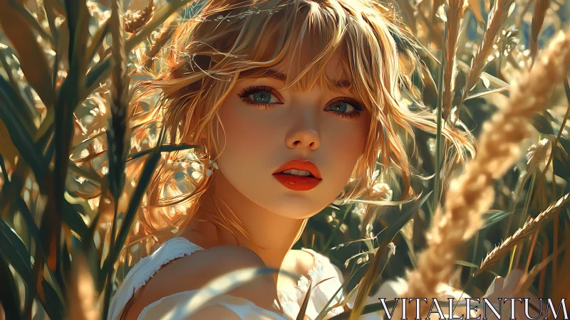 Young woman in sunlit field of tall golden grasses.