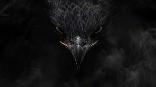 Raven portrait slices smoke with molten amber gaze.