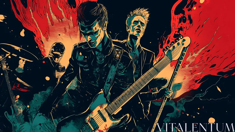 Stylized rock band illustration captures explosive stage energy