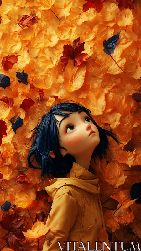 Blue haired girl in yellow coat lying in autumn leaves.