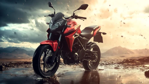 Red sport motorcycle in stormlit desert terrain rendering.