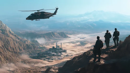 Helicopter hovers above desert base as soldiers observe below
