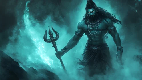 Powerful warrior god emerging from swirling teal mist.